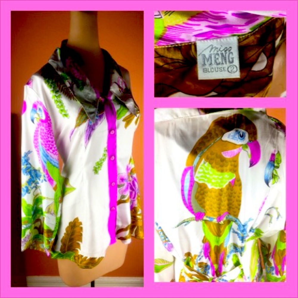 Miss Meng Silk Parrot Print Blouse